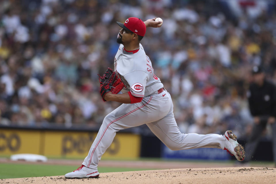 Cincinnati Reds starting pitcher Tony Santillan throws to a San Diego Padres batter during the first inning of a baseball game Friday, June 18, 2021, in San Diego. (AP Photo/Derrick Tuskan)