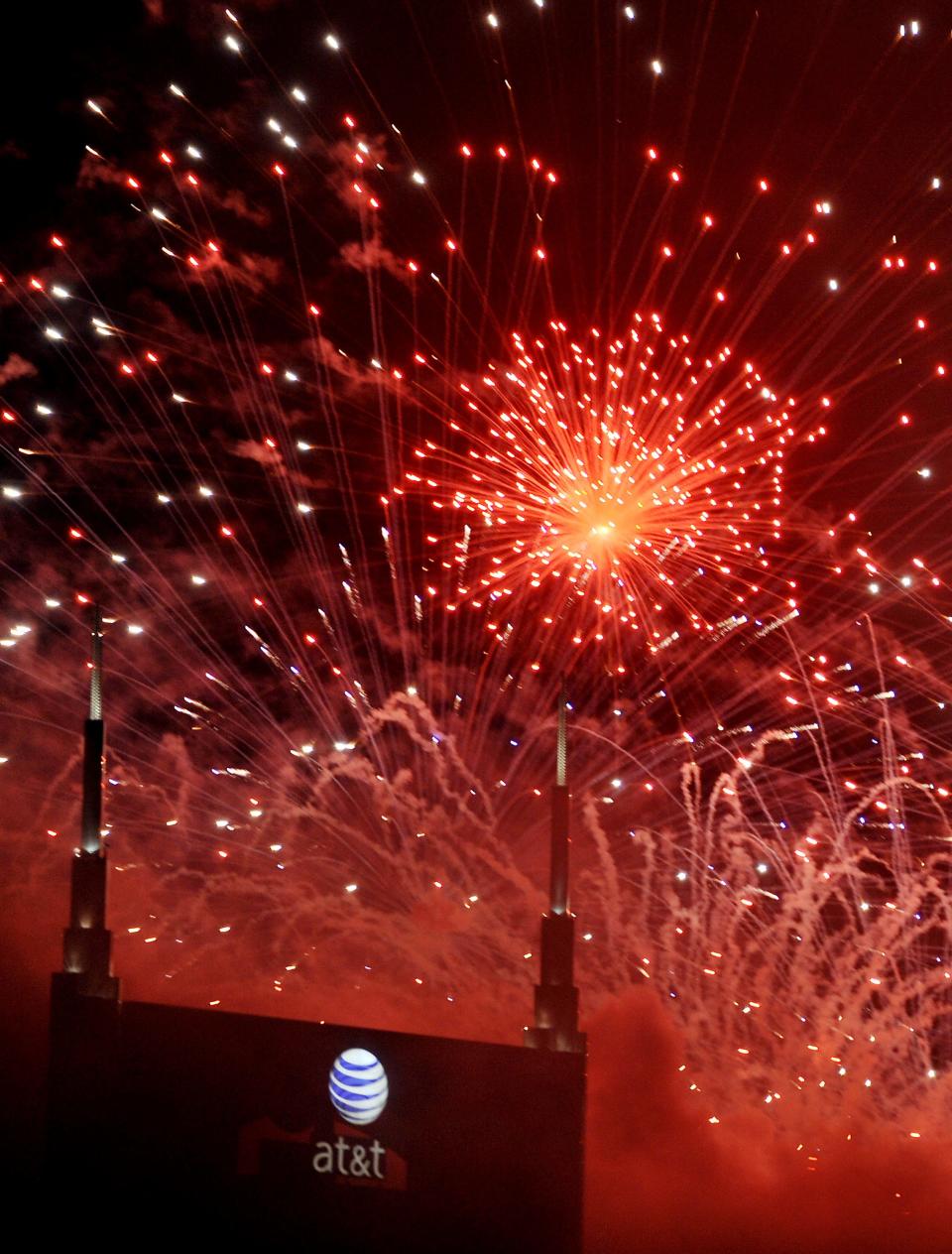 Fireworks explode in the sky over downtown Nashville for the July 4, 2013 celebration.