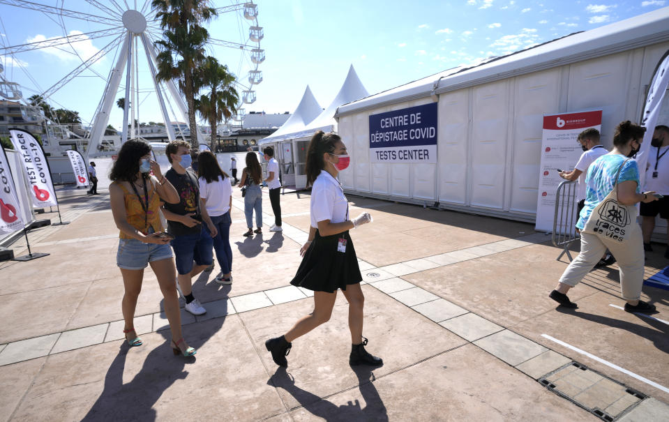 A festival coronavirus testing center is seen at the 74th international film festival, Cannes, southern France, Tuesday, July 6, 2021. (AP Photo/Vadim Ghirda)