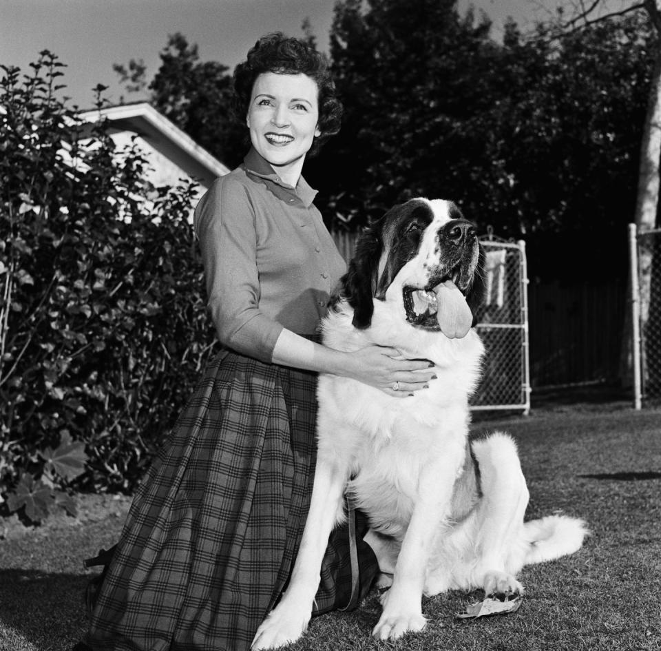 <p>Here, White is seen posing next to her beloved dog, Stormy. The actress has been a life-long advocate for animals, spending <a href="https://parade.com/53369/michelechollow/betty-white-dishes-on-her-love-of-animals/" rel="nofollow noopener" target="_blank" data-ylk="slk:much of her free time;elm:context_link;itc:0;sec:content-canvas" class="link ">much of her free time</a> volunteering at various animal organizations.</p><p><strong>RELATED: <a href="https://www.redbookmag.com/life/g29470739/celebs-with-dogs/" rel="nofollow noopener" target="_blank" data-ylk="slk:30+ Photos of Celebs With Their Dogs;elm:context_link;itc:0;sec:content-canvas" class="link ">30+ Photos of Celebs With Their Dogs</a></strong> </p>