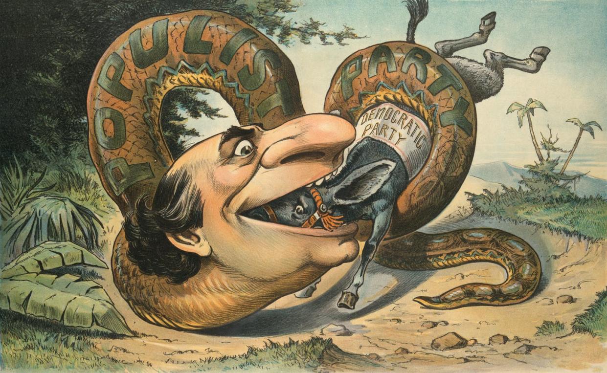 <span class="caption">An editorial cartoon from 1900 shows the Populist Party swallowing the Democratic Party.</span> <span class="attribution"><a class="link " href="https://www.gettyimages.com/detail/news-photo/illustration-shows-william-jennings-bryan-as-a-large-snake-news-photo/1155203775" rel="nofollow noopener" target="_blank" data-ylk="slk:J.S. Pughe/Buyenlarge/Getty Images;elm:context_link;itc:0;sec:content-canvas">J.S. Pughe/Buyenlarge/Getty Images</a></span>