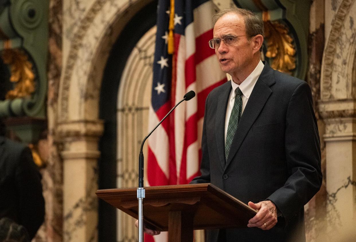 Lt. Gov. Delbert Hosemann speaks during the Senate session at the Mississippi State Capitol in Jackson, Miss., on Monday, Mar. 18, 2024. According to several lawmakers, the likelihood of a personal income tax cut being passed this year is low.