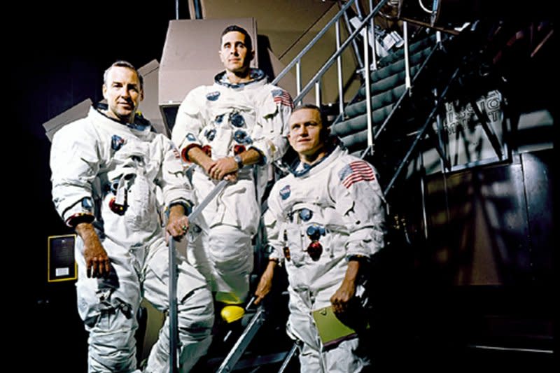 Left to right, the Apollo 8 crew, James Lovell, William Anders and Frank Borman are photographed on a Kennedy Space Center simulator in their space suits on Nov. 22, 1968. Apollo 8 was the first manned mission to the moon and entered lunar orbit 55 years ago on Dec. 24, 1968. Photo courtesy of NASA