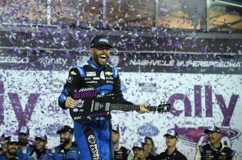 Jun 25, 2023; Nashville, Tennessee, USA; NASCAR Cup Series driver Ross Chastain (1) celebrates after winning the Ally 400 at Nashville Superspeedway. Mandatory Credit: Christopher Hanewinckel-USA TODAY Sports