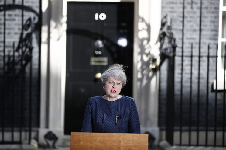 Theresa May outside Number 10 this morning [Tolga Akmen/LNP/REX/Shutterstock]