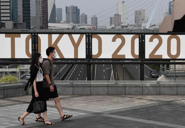 PHOTO: The logo of Tokyo 2020 is displayed near Odaiba Seaside Park in Tokyo, July 7, 2021. (Kazuhiro Nogi/AFP via Getty Images)