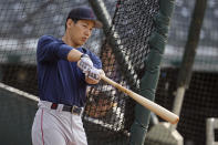 Boston Red Sox's Masataka Yoshida warms up during batting practice before a baseball game against the Cleveland Guardians, Tuesday, June 6, 2023, in Cleveland. (AP Photo/Sue Ogrocki)