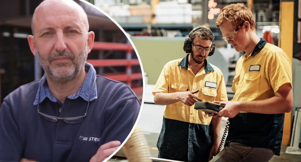 Manufacturing boss Paul Bucciarelli next to young workers