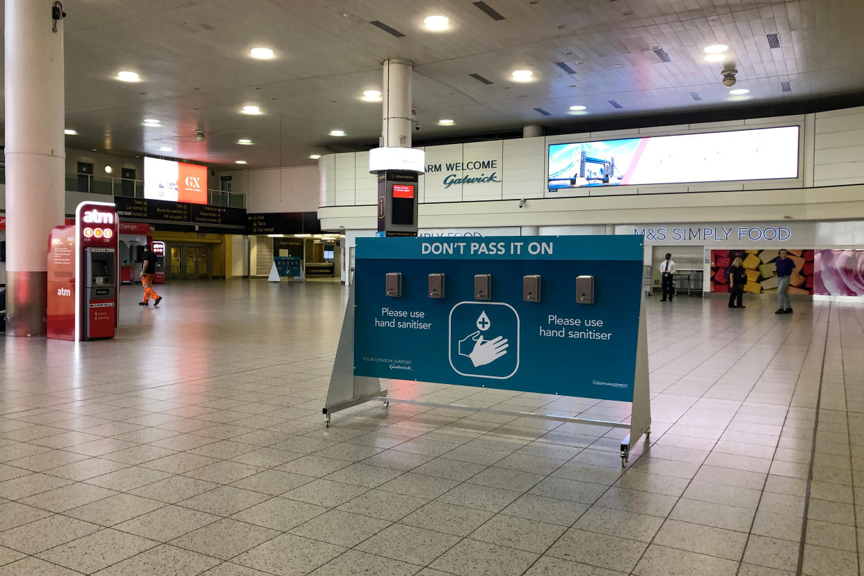 GATWICK, UNITED KINGDOM - APRIL 09: An empty Gatwick south terminal is seen on April 09, 2020 in Gatwick, United Kingdom. There have been around 60,000 reported cases of the COVID-19 coronavirus in the United Kingdom and 7,000 deaths. The country is in its third week of lockdown measures aimed at slowing the spread of the virus. (Photo by Mike Hewitt/Getty Images)