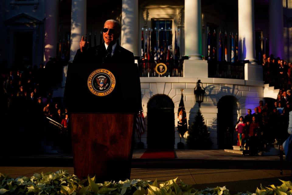 President Joe Biden speaks during a bill signing ceremony for the Respect for Marriage Act, Tuesday, Dec. 13, 2022, on the South Lawn of the White House in Washington. (AP Photo/Patrick Semansky) (AP)