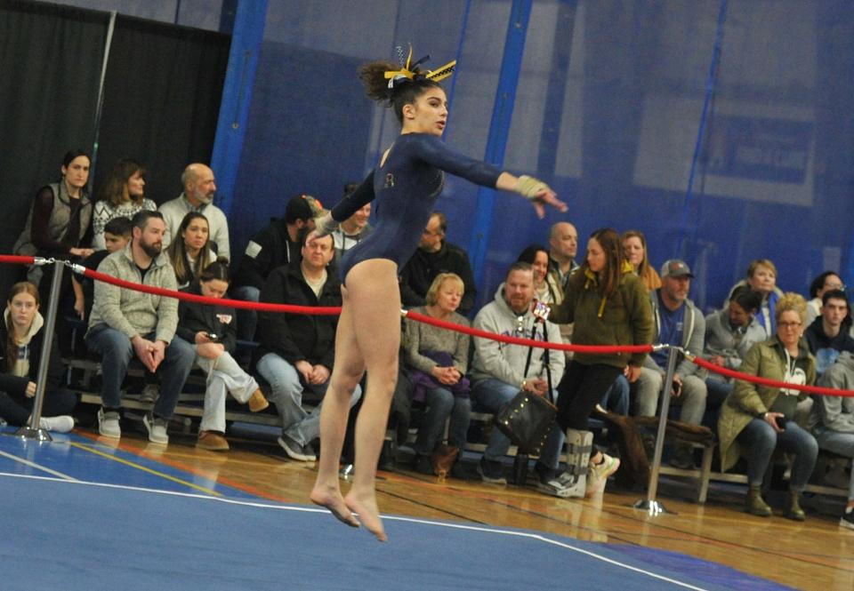 Hanover's Natalie Frank performs her floor exercise routine during the Patriot League gymnastics meet at Starland in Hanover, Friday, Feb. 9, 2024.