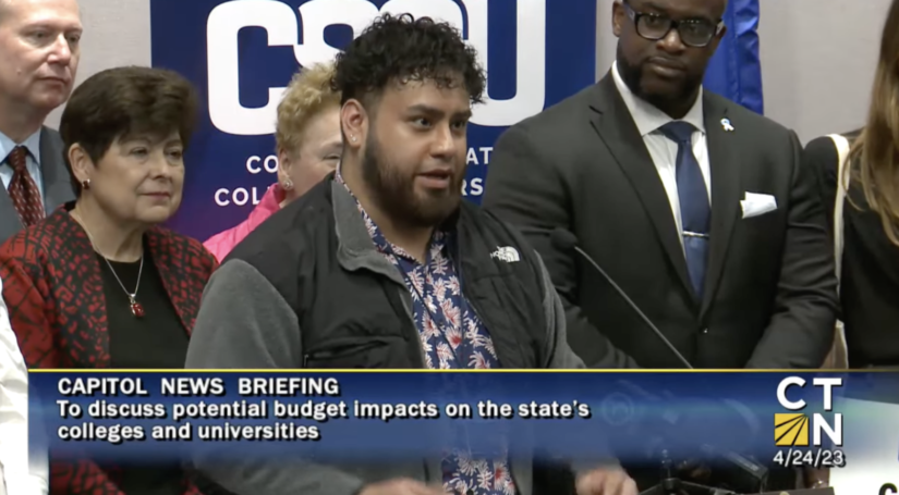Juan Carlos Munoz Polvo, a student at Gateway Community College, advocated for the CSCU system to receive more funding from state lawmakers in April 2023. (CTN)
