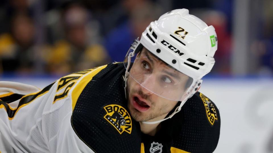 Mar 19, 2023; Buffalo, New York, USA; Boston Bruins right wing Garnet Hathaway (21) waits for the face-off during the second period against the Buffalo Sabres at KeyBank Center.