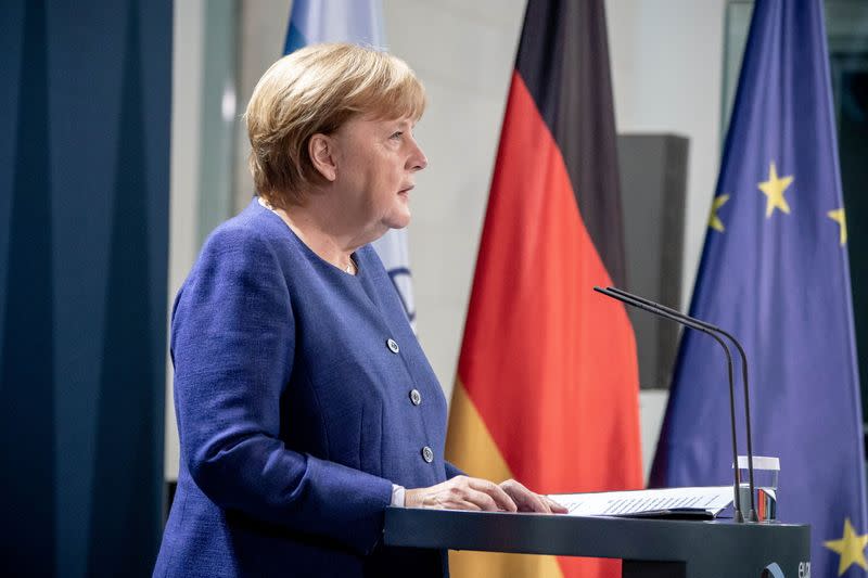 German Chancellor Angela Merkel gives a statement on 2020 U.S. presidential election in Berlin