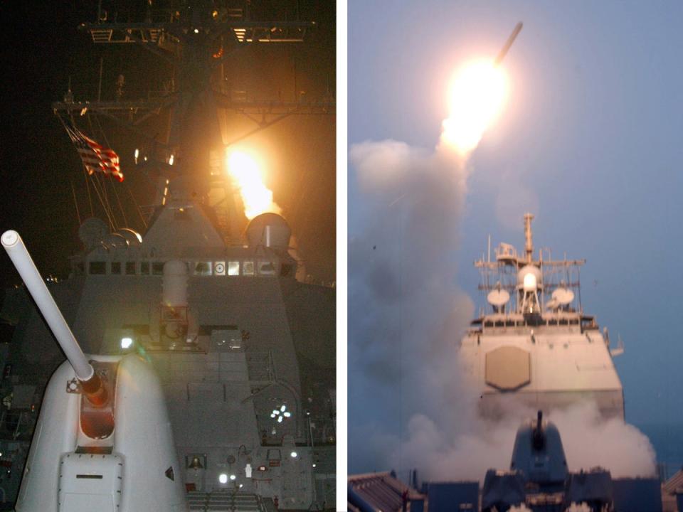 The first US missile launches towards Iraq in the Red Sea aboard the USS Donald Cook (left) and the USS Bunker Hill (US Navy/DoD/Getty)