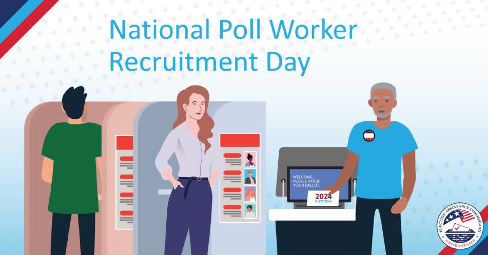 a cartoon image shows three individuals at polling place beneath the words "National Poll Worker recruitment Day"