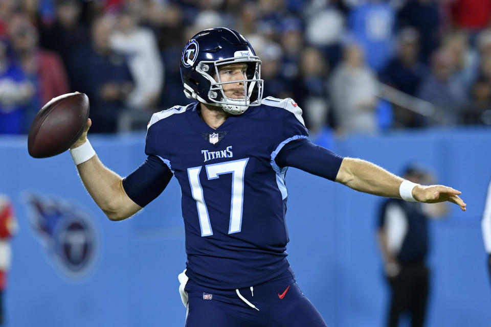 Tennessee Titans quarterback Ryan Tannehill passes against the Buffalo Bills in the first half of an NFL football game Monday, Oct. 18, 2021, in Nashville, Tenn. (AP Photo/Mark Zaleski)