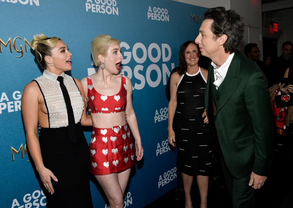 Florence Pugh, left, Zoe Lister-Jones, Molly Shannon and Zach Braff at the New York premiere of "A Good Person."