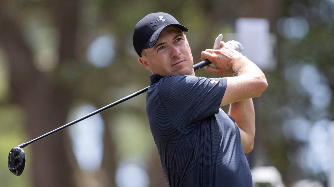 Jordan Spieth follows through his tee shot on the 16th hole during the first round of the RBC Heritage Presented by Boeing at Harbour Town Golf Links on Thursday, April 18, 2024 in Sea Pines on Hilton Head Island.