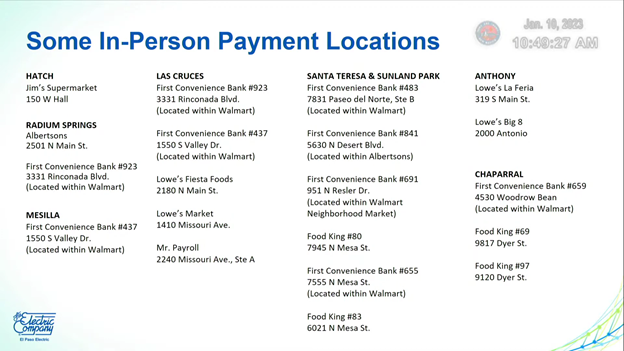 Here's some of the in-person third-party payment centers that customers can still use in New Mexico and Texas.