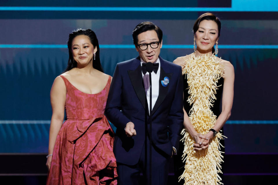 Stephanie Hsu, Ke Huy Quan, and Michelle Yeoh at the SAG Awards - Credit: Getty Images