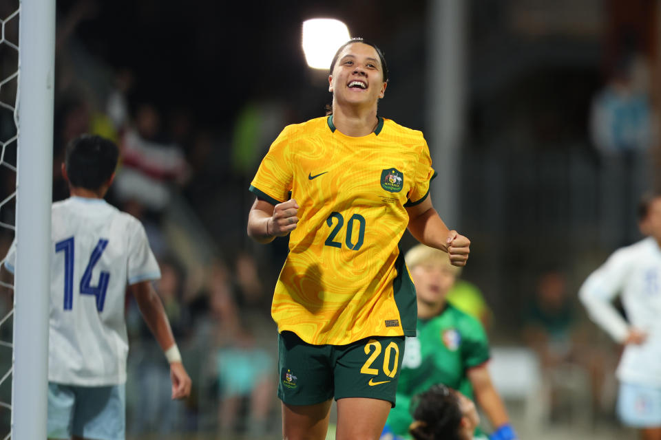 PERTH, AUSTRALIA - NOVEMBER 01: Sam Kerr of the Matildas celebrates her goal during the AFC Women's Asian Olympic Qualifier match between Australia Matildas and Chinese Taipei at HBF Park on November 01, 2023 in Perth, Australia. (Photo by James Worsfold/Getty Images)