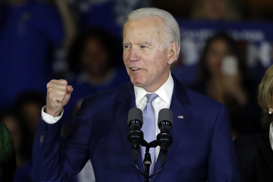 Democratic presidential candidate former Vice President Joe Biden speaks at a primary election night campaign rally Tuesday, March 3, 2020, in Los Angeles. (AP Photo/Chris Carlson)