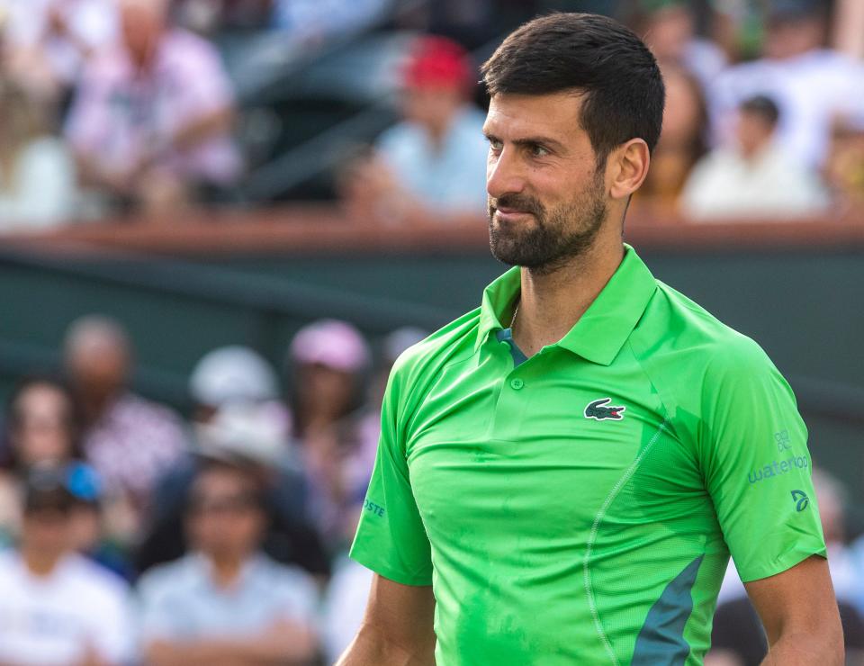 Novak Djokovic reacts to winning his first set against Aleksandar Vukic during round two of the BNP Paribas Open in Indian Wells, Calif., Saturday, March 9, 2024.