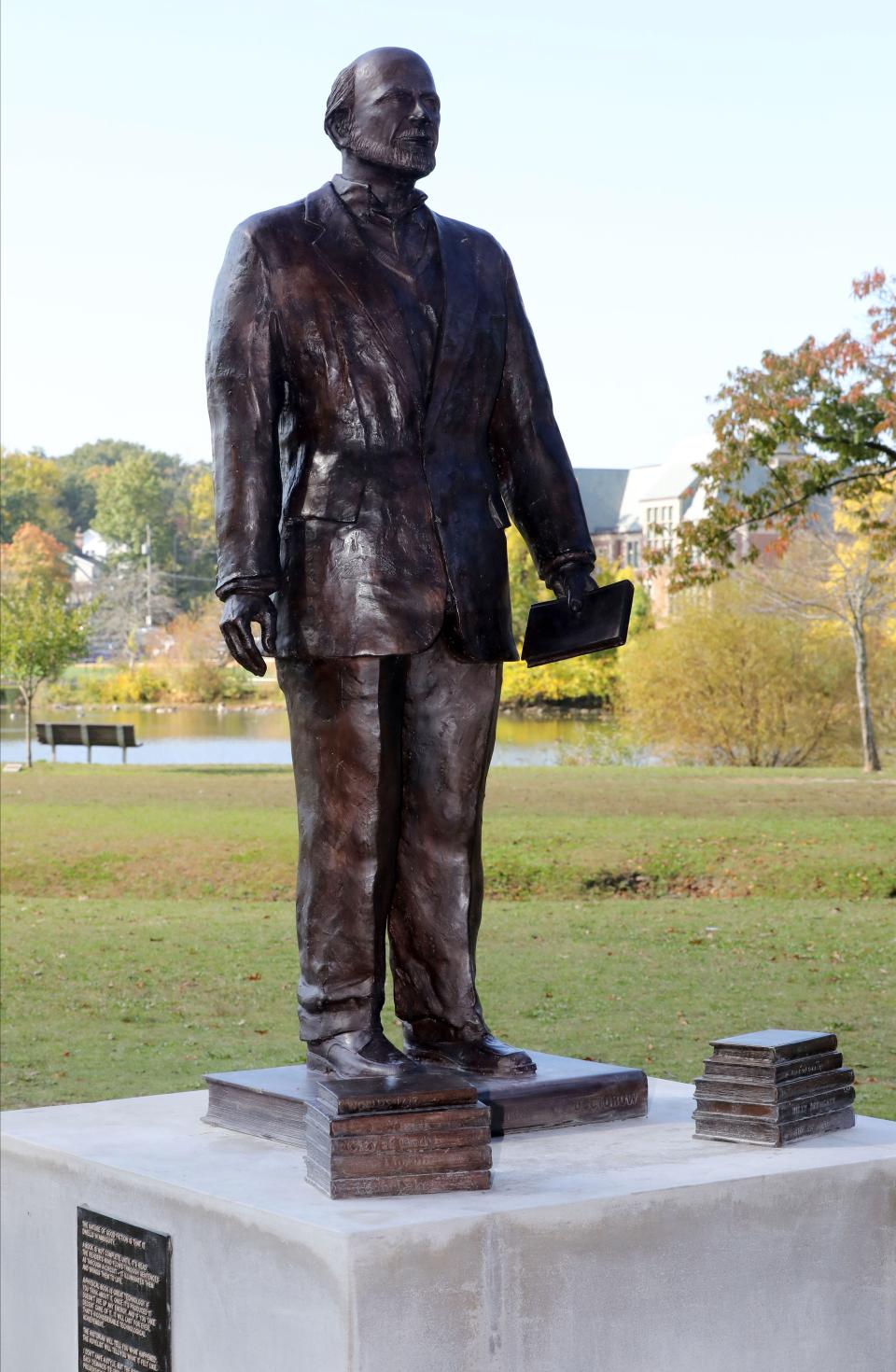 A statue of acclaimed author, and former New Rochelle resident E.L. Doctorow was installed at Huguenot Park in New Rochelle, pictured Oct. 19, 2023.