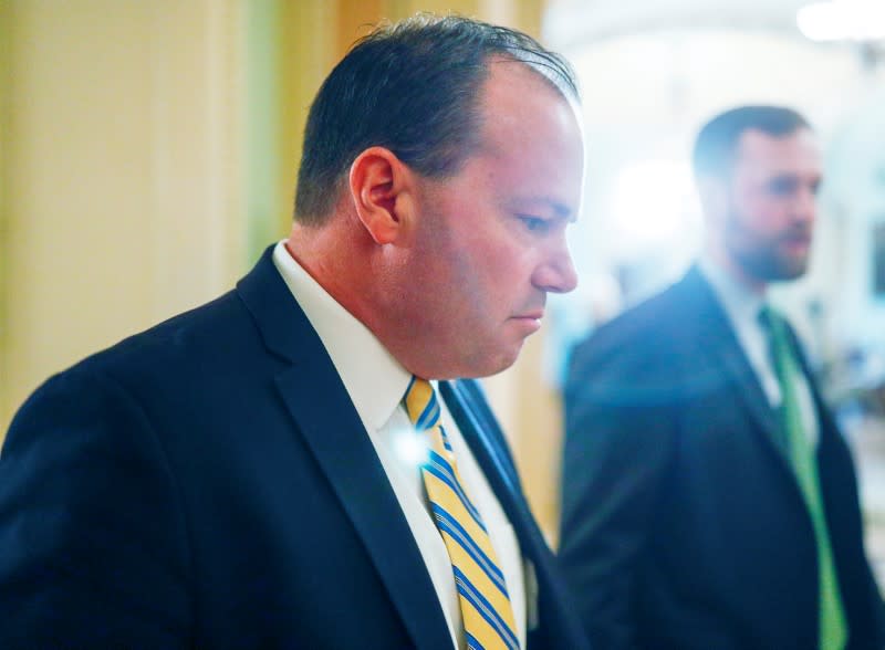 U.S. Senator Mike Lee attends weekly Senate Republican policy lunch on Capitol Hill in Washington