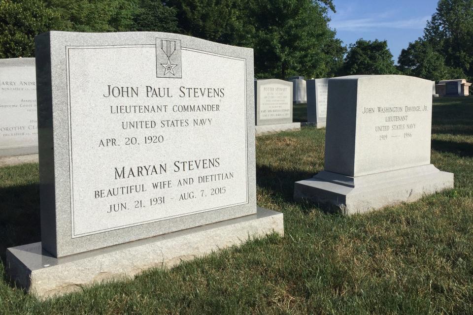 The headstone for retired Supreme Court Justice John Paul Stevens is seen, Wednesday, July 17, 2019 at Arlington National Cemetery in Arlington, VA. Arlington National Cemetery has known for years that it would be the final resting place of retired Supreme Court Justice John Paul Stevens, who died Tuesday at age 99. His second wife Maryan died in 2015 and was buried at the cemetery, and the gravestone they will share has stood at Arlington, inscribed with both their names, since then.