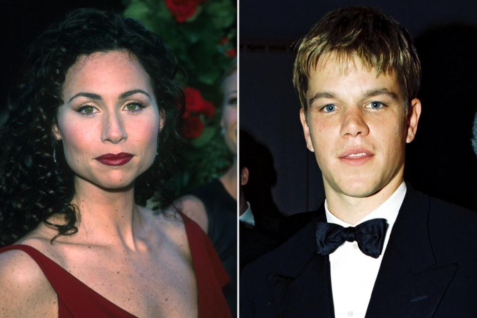 <p>Evan Agostini/Liaison; Bei/Shutterstock</p> Minnie Driver and Matt Damon at Oscars on March 23, 1998.