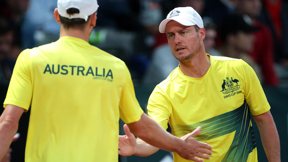 John Millman and Davis Cup captain Lleyton Hewitt during day one of the World Group semi final at Palais 12 on September 15, 2017 in Brussels, Belgium. (Photo by Jean Catuffe/Getty Images)