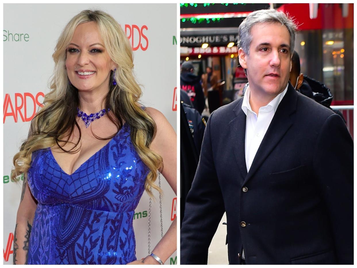 A composite image of Stormy Daniels and Michael Cohen.