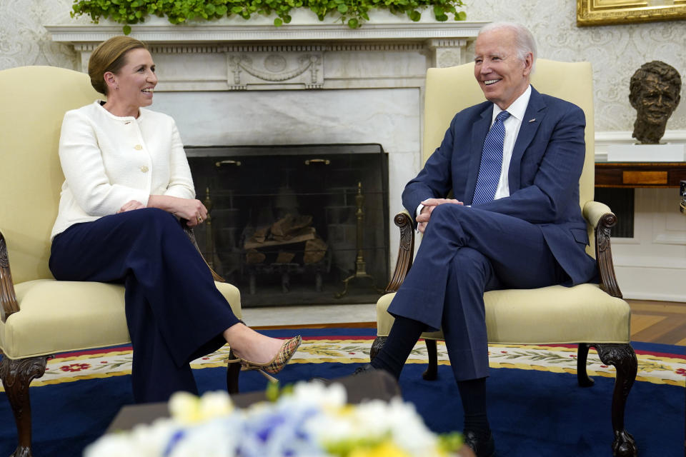 President Joe Biden meets with Denmark's Prime Minister Mette Frederiksen in the Oval Office of the White House in Washington, Monday, June 5, 2023. (AP Photo/Susan Walsh)