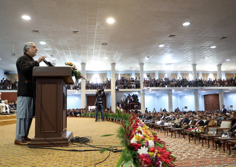 Afghanistan's presidential candidate Abdullah Abdullah speaks during a gathering with his supporters in Kabul, Afghanistan