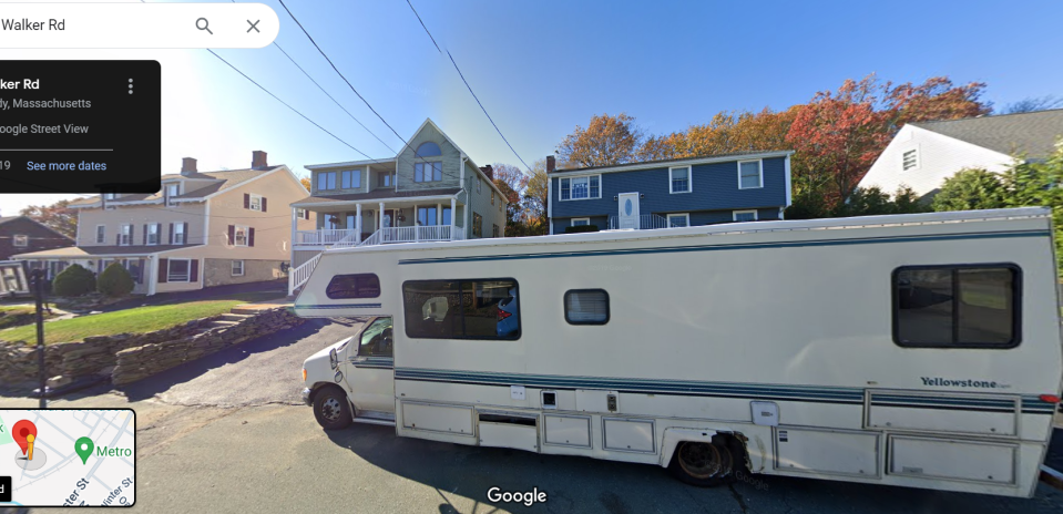 An RV sits outside a home on Walker Road in Peabody, Massachusetts where one exploded on July 2, 2024. Three people were taken to hospitals after an RV they were working on,on the street exploded, officials said.