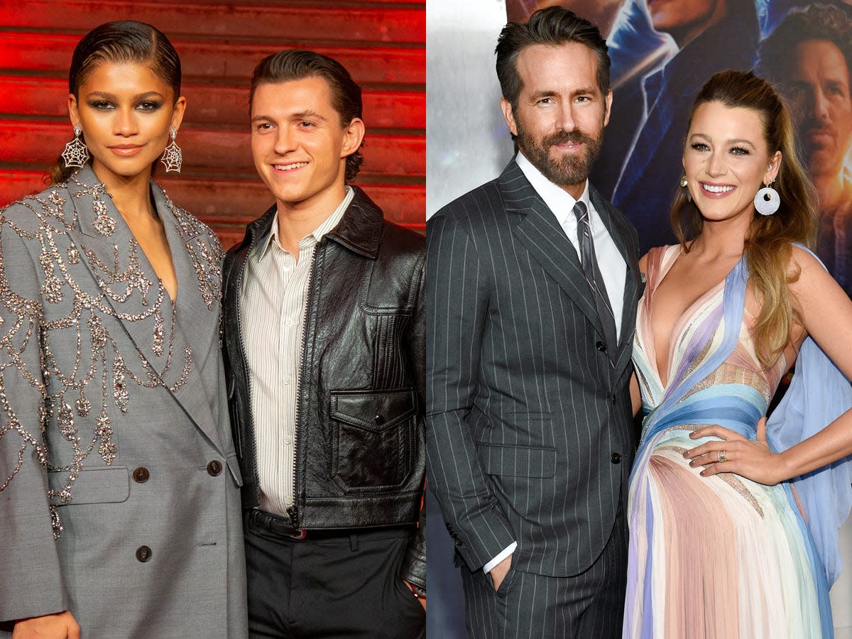 On the left: Zendaya and Tom Holland in December 2021. On the right: Ryan Reynolds and Blake Lively in February 2022.