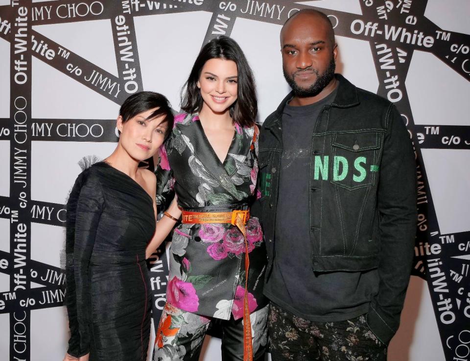 Abloh with Jimmy Choo creative director Sandra Choi and Kendall Jenner celebrating the Off-White c/o Jimmy Choo collaboration. - Credit: WWD