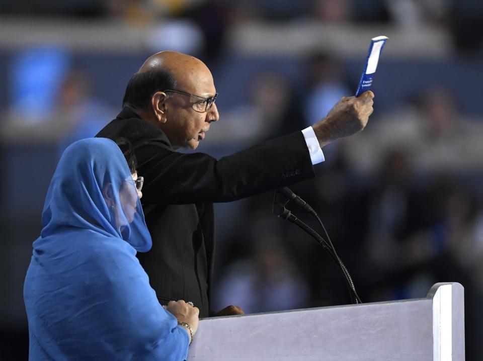 Khizr Khan, father of fallen U.S. Army Capt. Humayun S. M. Khan, holds up his copy the United States Constitution as he speaks on Thursday at the Democratic National Convention in Philadelphia. (Photo: Mark J. Terrill/AP)