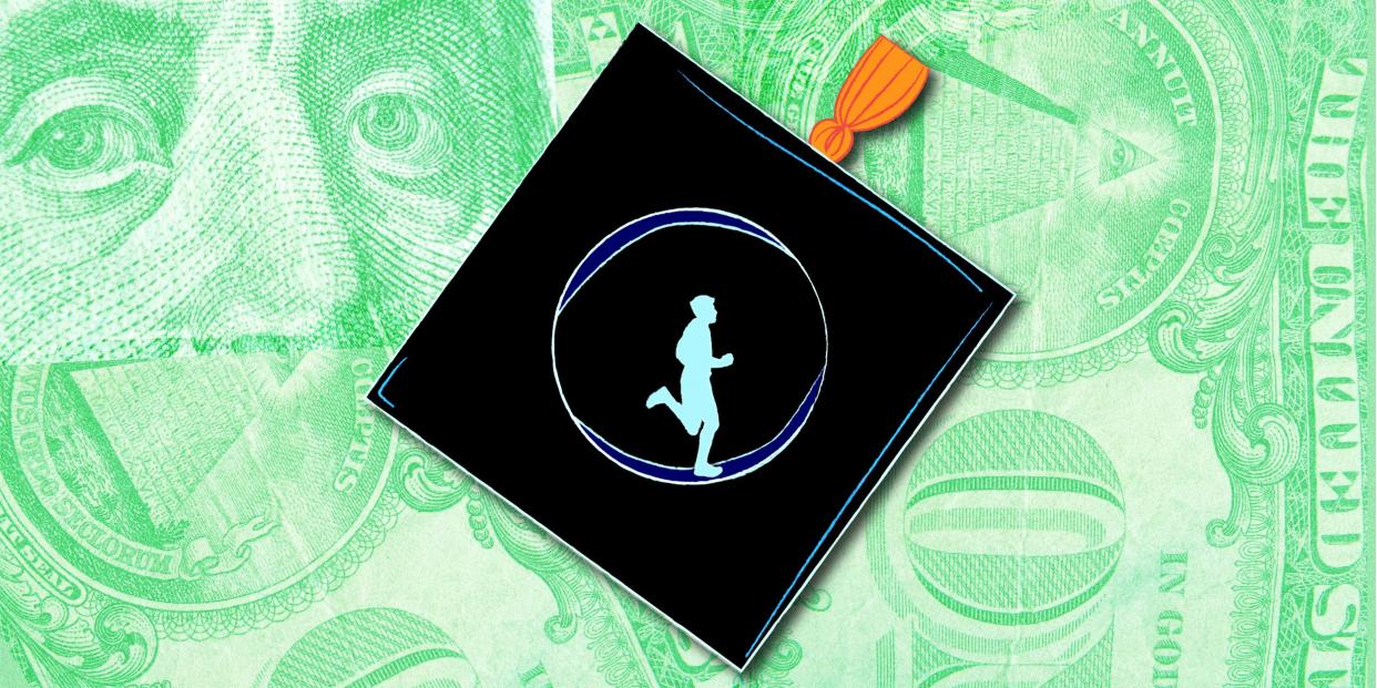animation of someone running endlessly inside a spinning graduation cap, against a green background made of collaged closeups of a 100 dollar bill