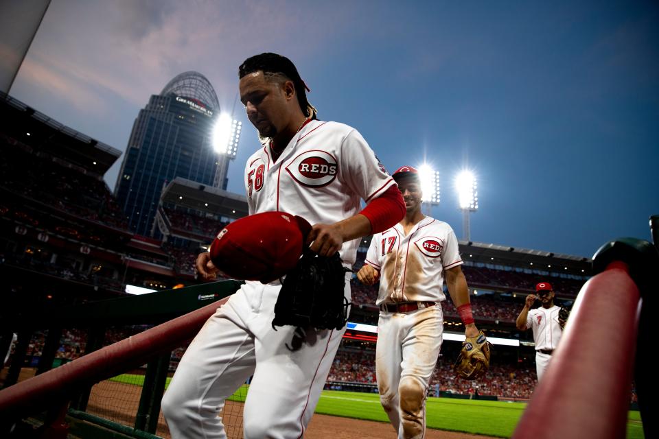 Cincinnati Reds starting pitcher Luis Castillo (58) enters the dugout at the end of the top of the fifth inning of the MLB baseball game between Cincinnati Reds and St. Louis Cardinals on Saturday, July 24, 2021, at Great American Ball Park in Cincinnati. 