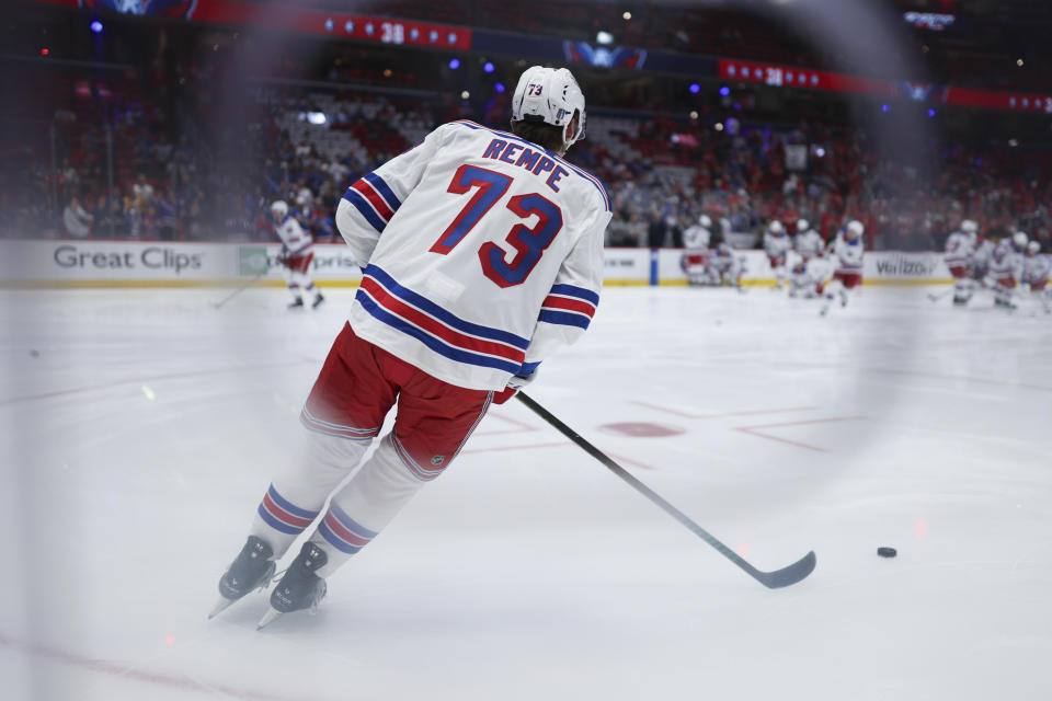 New York Rangers center Matt Rempe warms up in Game 4 of an NHL hockey Stanley Cup first-round playoff series against the Washington Capitals, Sunday, April 28, 2024, in Washington. (AP Photo/Tom Brenner)