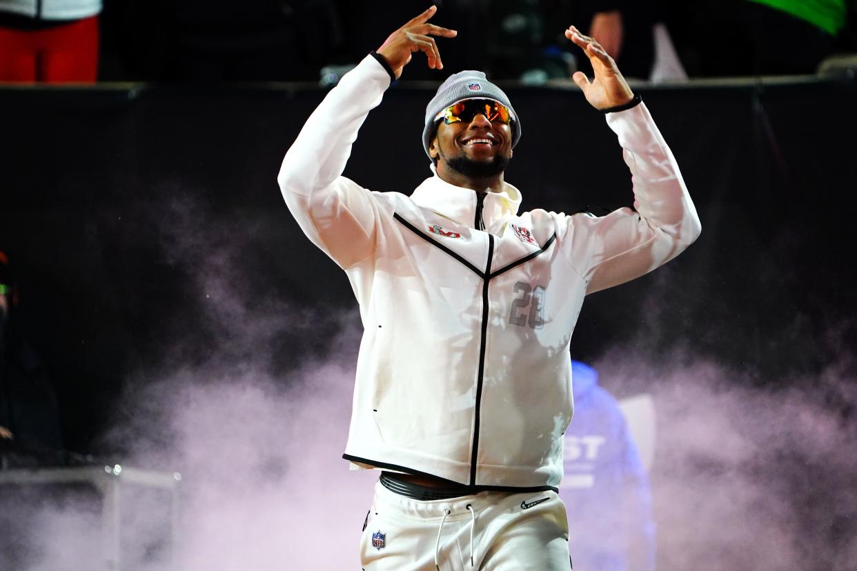 Cincinnati Bengals running back Joe Mixon (28) is introduced during the Super Bowl LVI Opening Night Fan Rally, Monday, Feb. 7, 2022, at Paul Brown Stadium in Cincinnati.