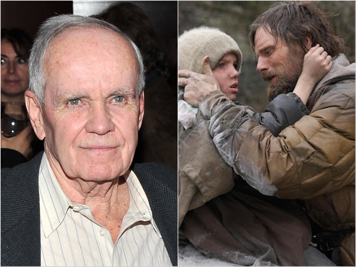 Cormac McCarthy (left) and Viggo Mortensen (far right) and Kodi Smit-McPhee in ‘The Road’ (Getty Images/Dimension Films)