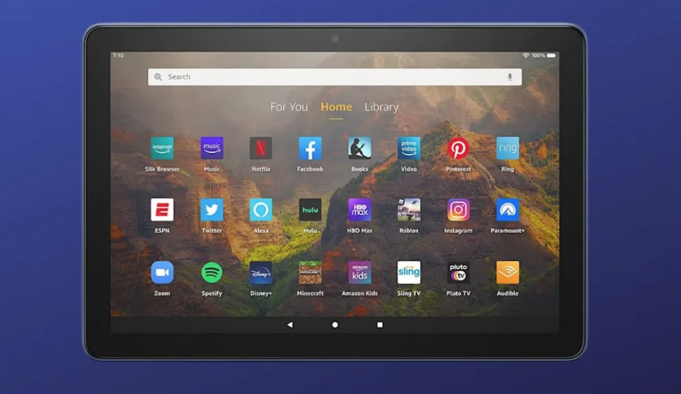 A large-screened tablet with a variety of app icons on its home page