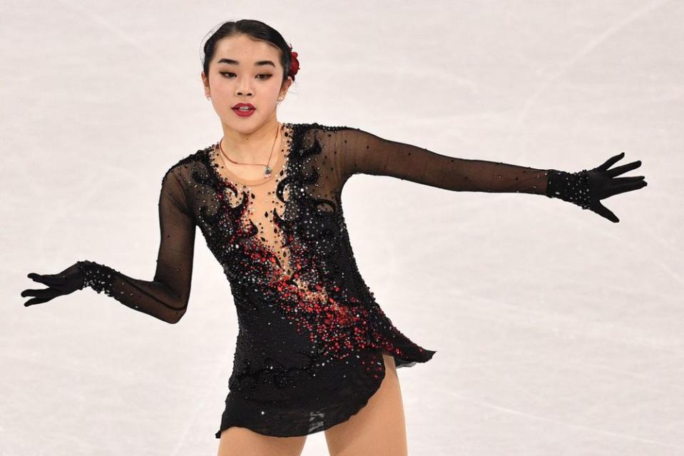 Figure skater Karen Chen competing in the women's individual free skate at the 2018 Winter Olympics