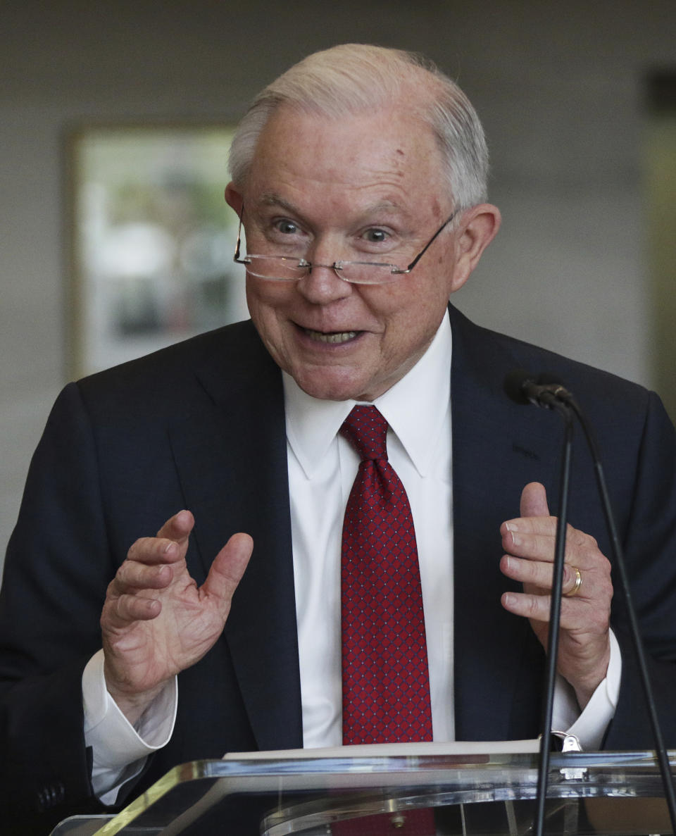 Attorney General Jeff Sessions speaks at the dedication for the United States Courthouse for the Southern District of Alabama, Friday, Sept. 7, 2018, in Mobile, Ala. (AP Photo/Dan Anderson)