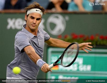 Mar 12, 2014; Indian Wells, CA, USA; Roger Federer (SUI) during his fourth round match against Tommy Haas (not pictured) during the BNP Paribas Open at the Indian Wells Tennis Garden. Federer won 6-4, 6-4. Mandatory Credit: Jayne Kamin-Oncea-USA TODAY Sports - RTR3GUUY