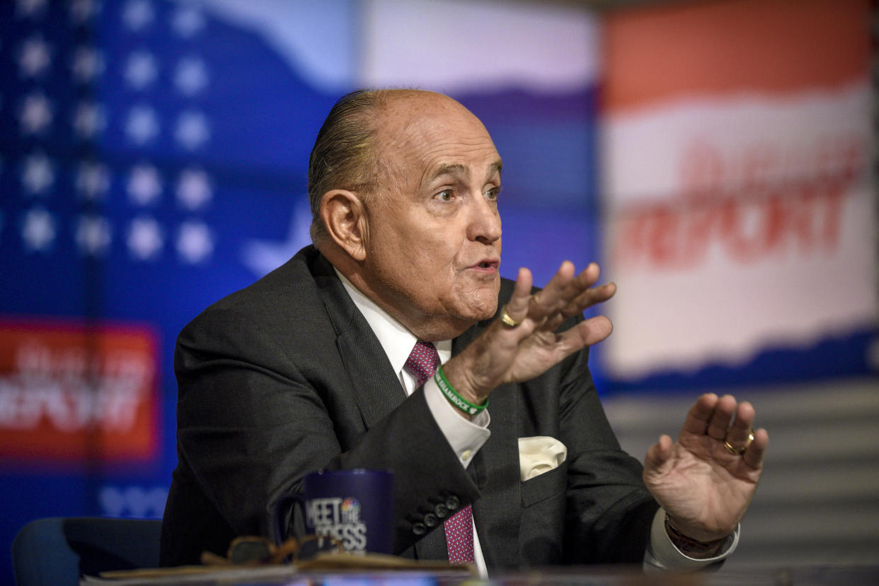 MEET THE PRESS -- Pictured: (l-r)  Rudy Giuliani, Lawyer for President Donald Trump, appears on 'Meet the Press' in Washington, D.C., Sunday, April 21, 2019.  (Photo by: William B. Plowman/NBC/NBC NewsWire via Getty Images)